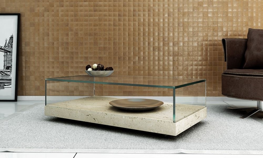 Mesa de cristal con base de piedra -Palisandro Interiorismo