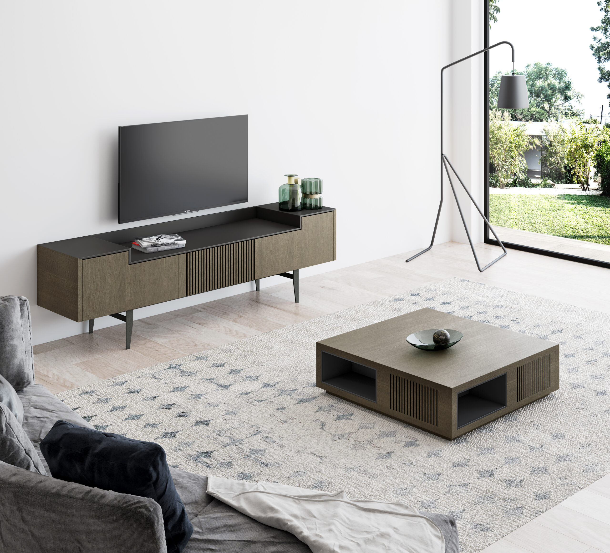 Mueble de TV bajo y estrecho con pata metálica -Palisandro Interiorismo